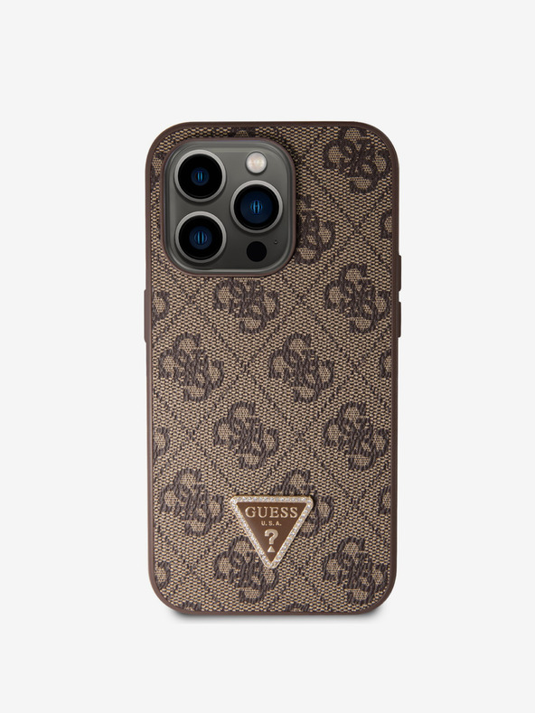 Guess Guess PU 4G Strass Triangle Metal Logo Back Cover за iPhone 15 Pro Brown