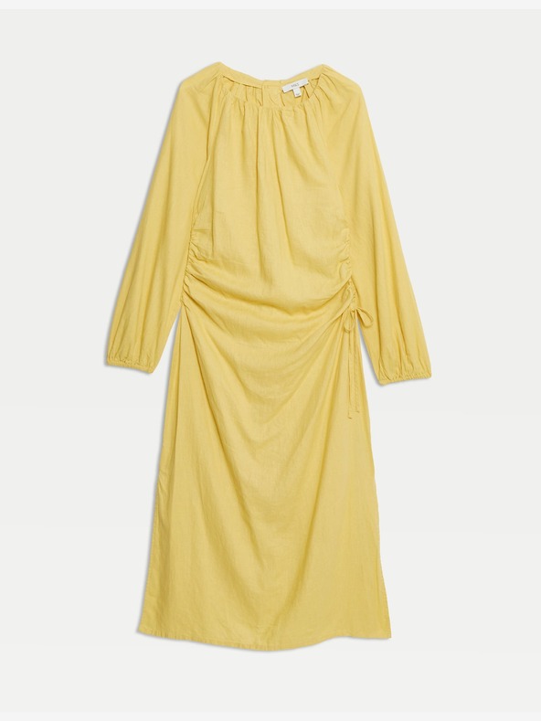 Marks & Spencer Плавна миди рокля с високо съдържание на лен и декоративен детайл отстрани Marks & Spencer златиста