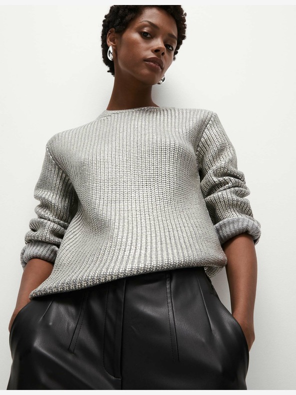 Marks & Spencer Метален пуловер с кръгло деколте с ребра Marks & Spencer сребрист