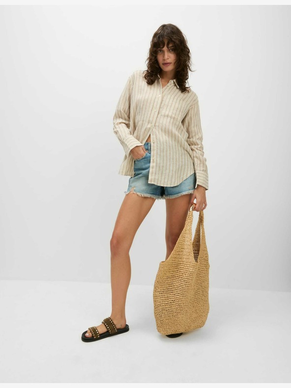 Marks & Spencer Овърсайз тениска в момичешки стил с яка, чист лен Marks & Spencer бежово