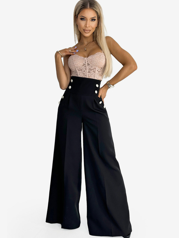 numoco Черен дамски елегантен панталон с висока талия и широки крачоли със златни копчета Numoco