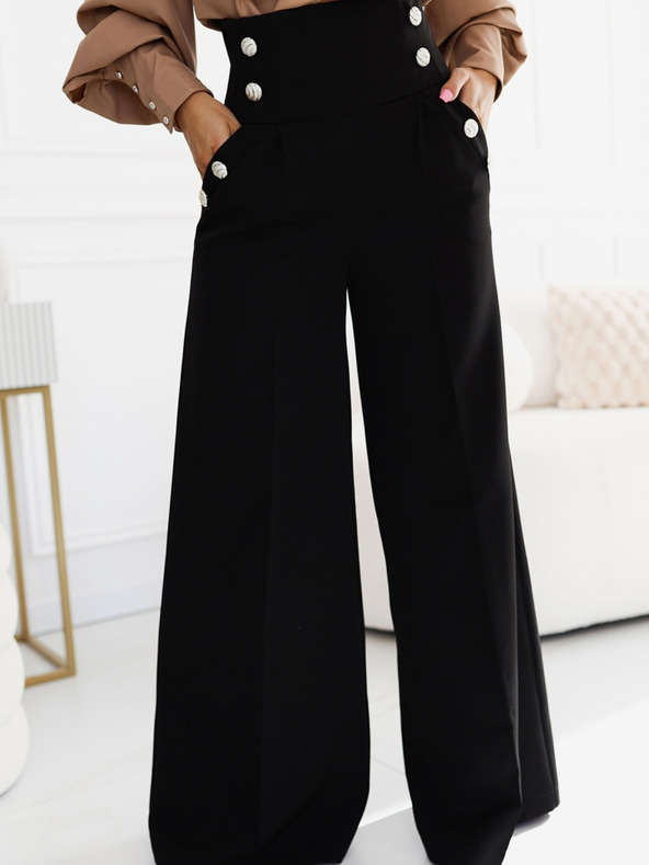 numoco Черен дамски елегантен панталон с висока талия и широки крачоли със златни копчета Numoco