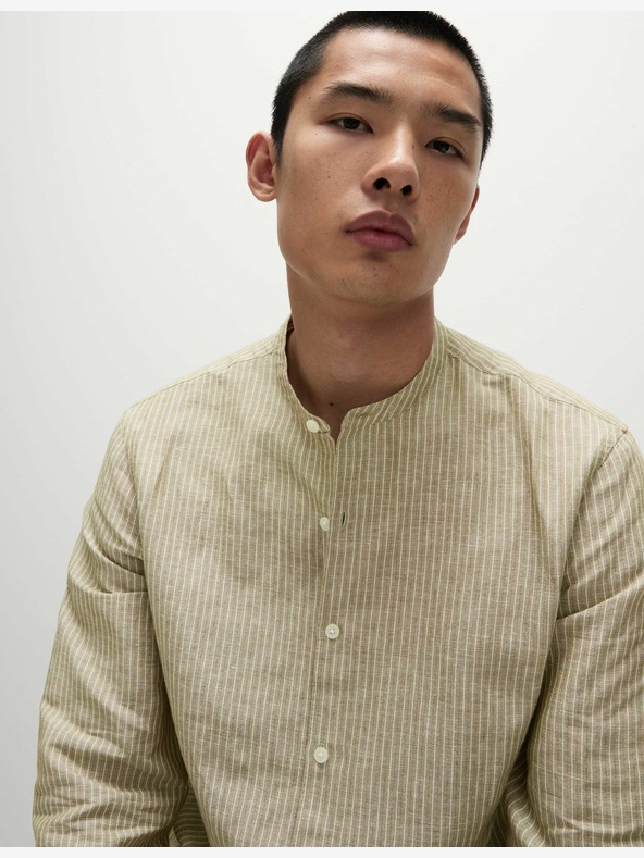 Marks & Spencer Раирана риза без яка, висококачествен лен Marks & Spencer бежова