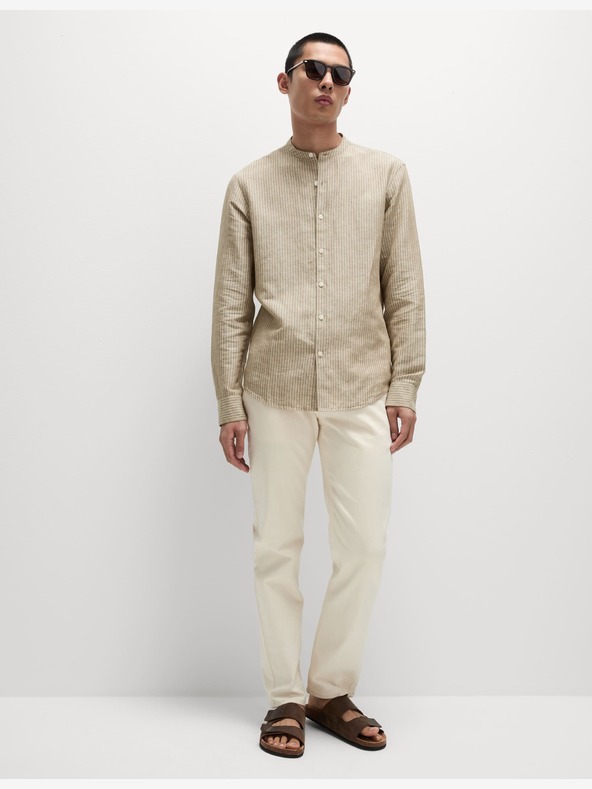 Marks & Spencer Раирана риза без яка, висококачествен лен Marks & Spencer бежова