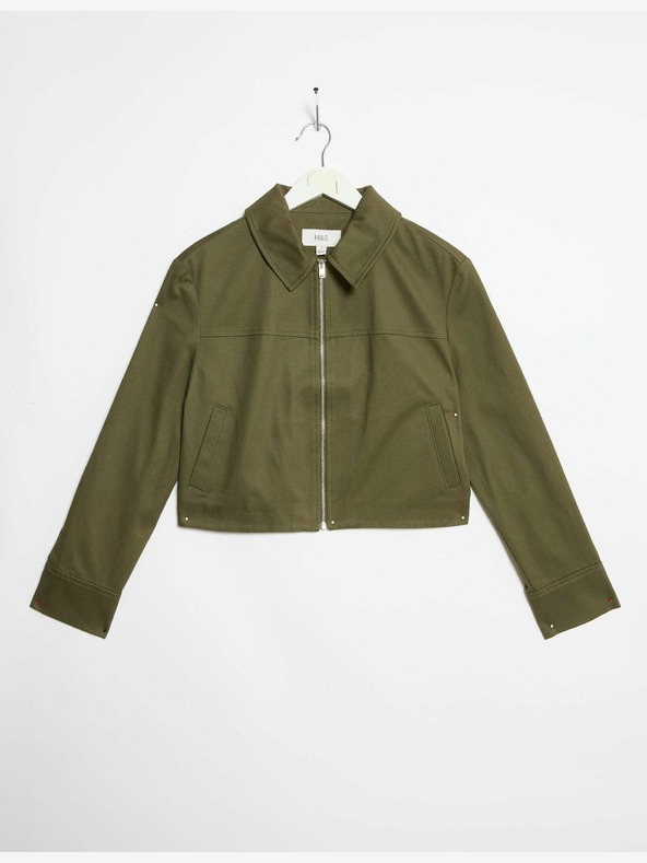 Marks & Spencer Късо яке с яка, чист памук Marks & Spencer зелено