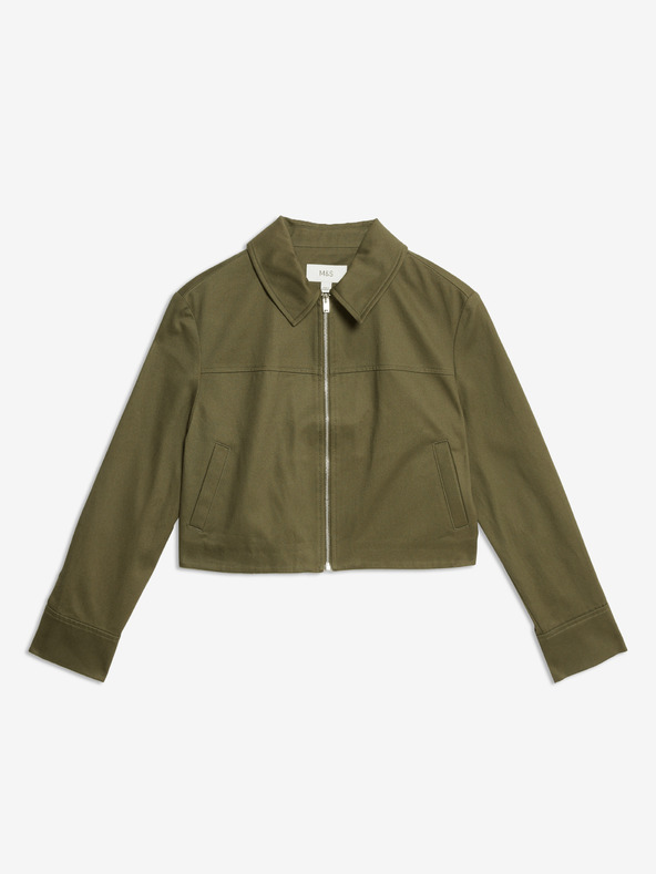 Marks & Spencer Късо яке с яка, чист памук Marks & Spencer зелено