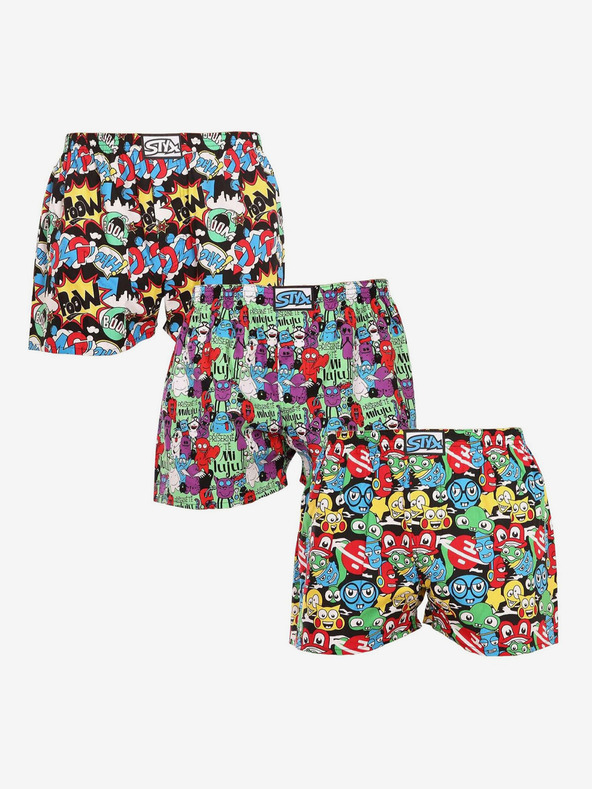 Styx Комплект от три мъжки шарени къси панталони в черно, лилаво и червено STYX