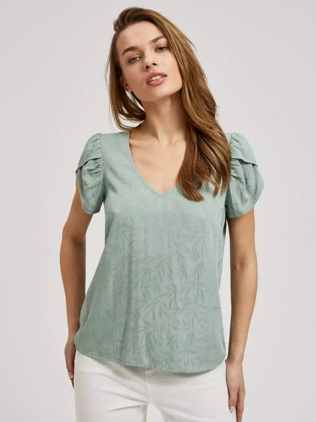 Moodo Зелена тениска с V-образно деколте и накъсани ръкави Moodo