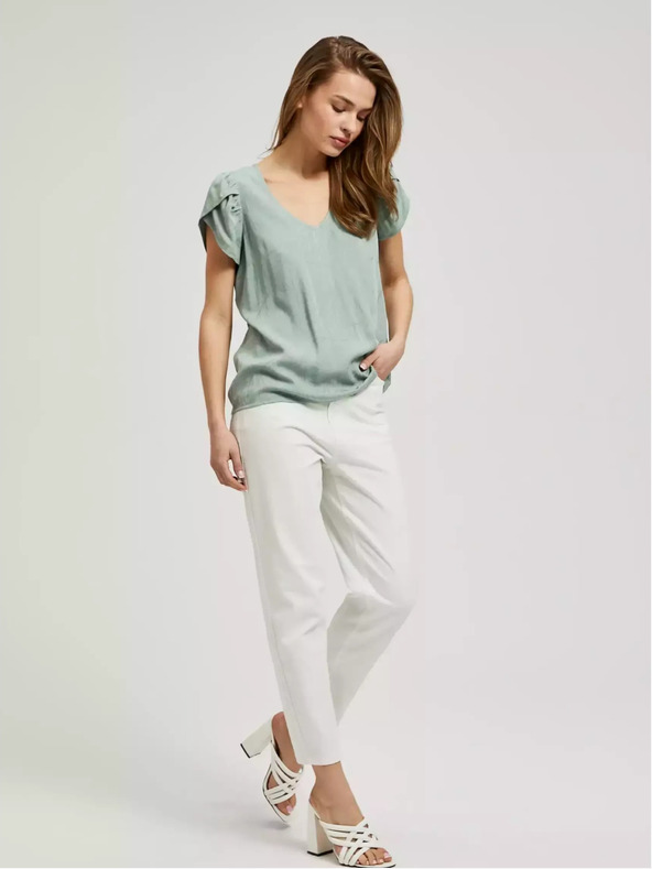 Moodo Зелена тениска с V-образно деколте и накъсани ръкави Moodo