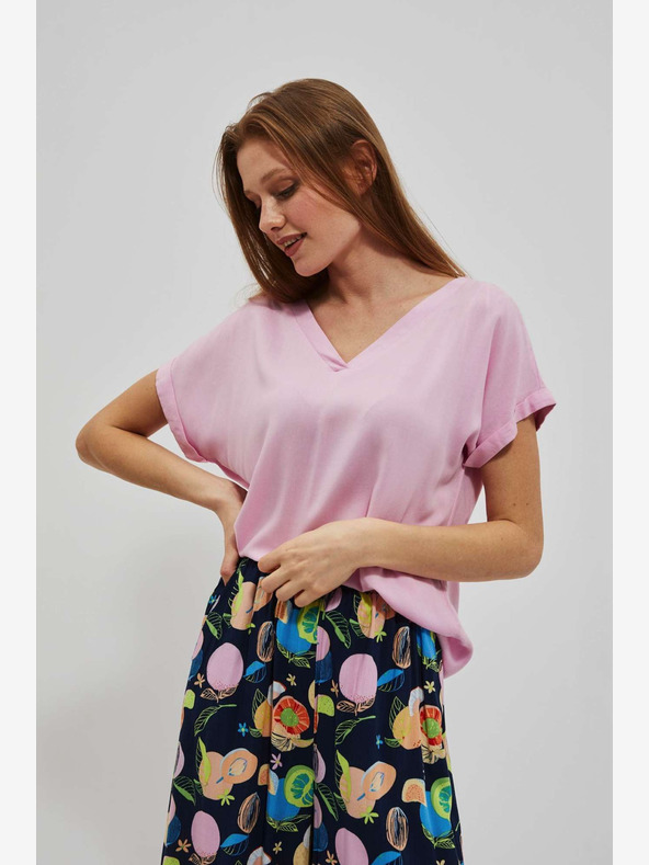 Moodo Розова тениска с V-образно деколте Moodo