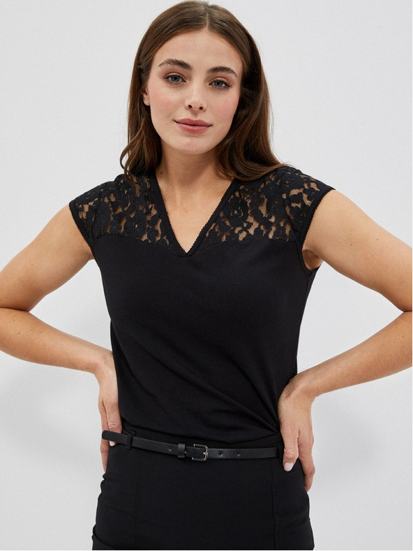 Moodo Черна тениска с V-образно деколте и дантела Moodo