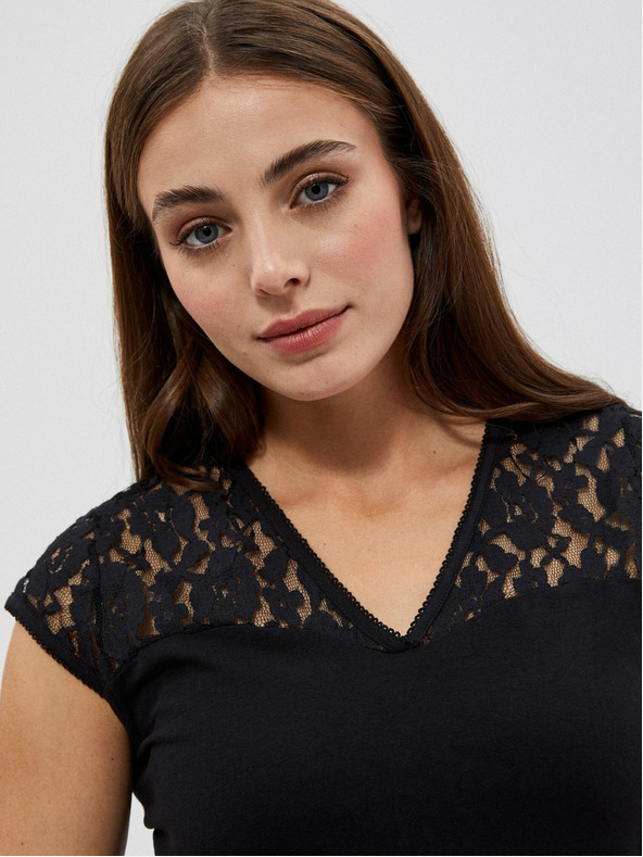 Moodo Черна тениска с V-образно деколте и дантела Moodo