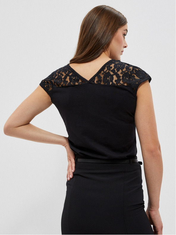Moodo Черна тениска с V-образно деколте и дантела Moodo