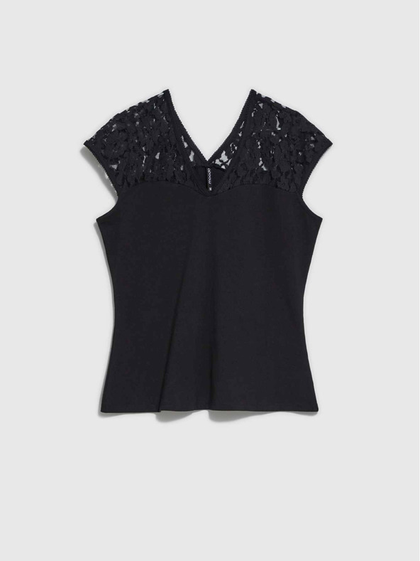 Moodo Черна тениска с V-образно деколте и дантела Moodo