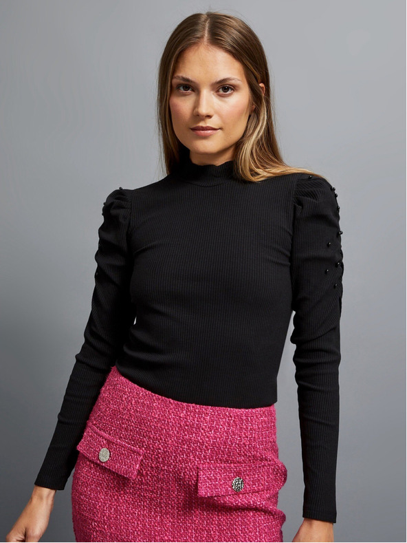 Moodo Черна дамска рипсена блуза с буфан ръкави и ролка Moodo