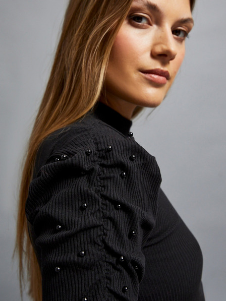 Moodo Черна дамска рипсена блуза с буфан ръкави и ролка Moodo