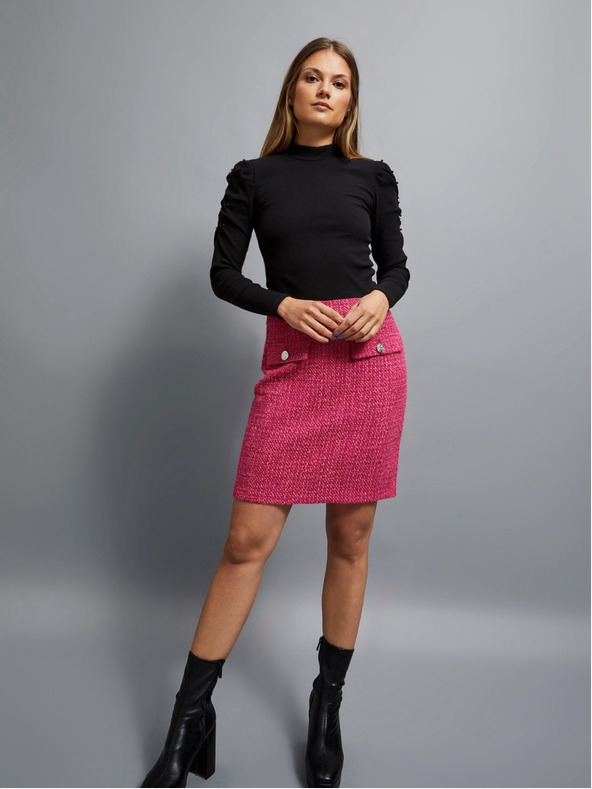 Moodo Черна дамска рипсена блуза с буфан ръкави и ролка Moodo