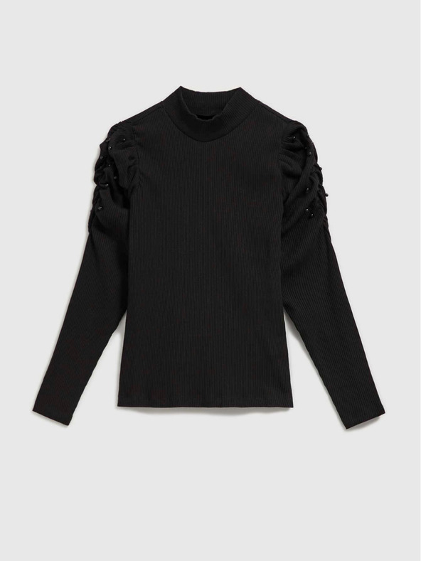 Moodo Черна дамска рипсена блуза с буфан ръкави и ролка Moodo