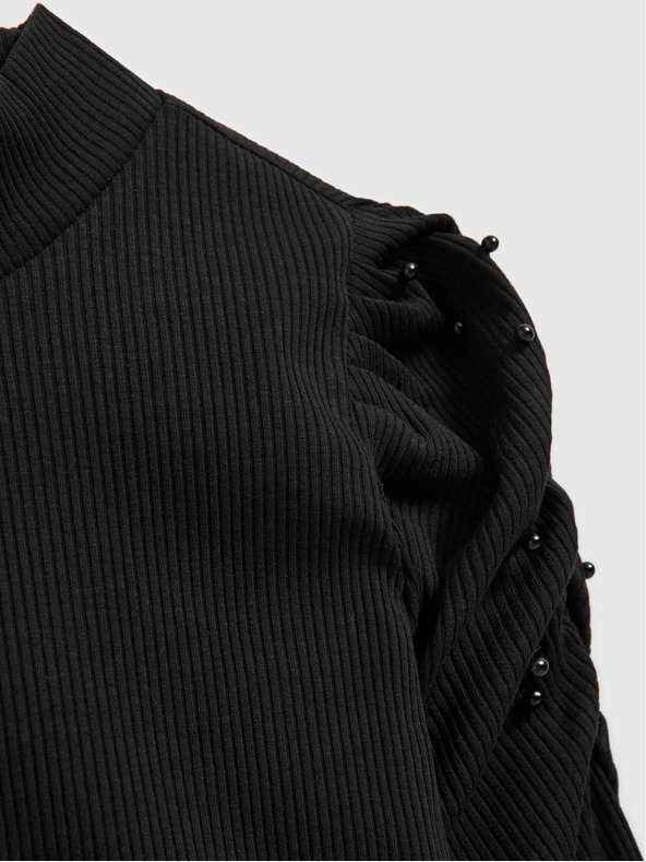 Moodo Черна дамска рипсена блуза с буфан ръкави и ролка Moodo