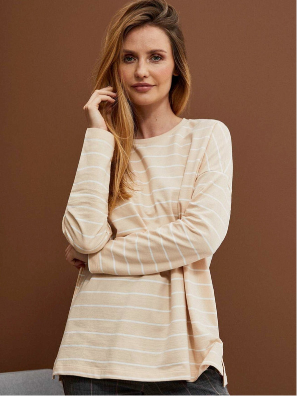 Moodo Бяла и бежова дамска раирана риза Moodo