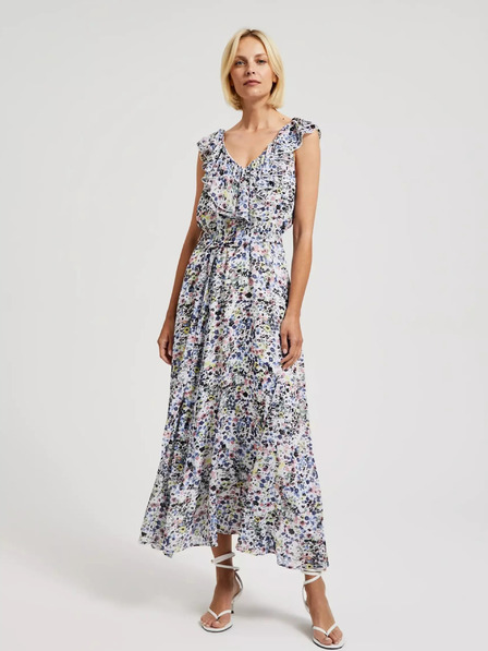 Moodo Синя рокля на цветя с волан на деколтето Moodo