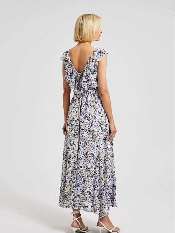 Moodo Синя рокля на цветя с волан на деколтето Moodo