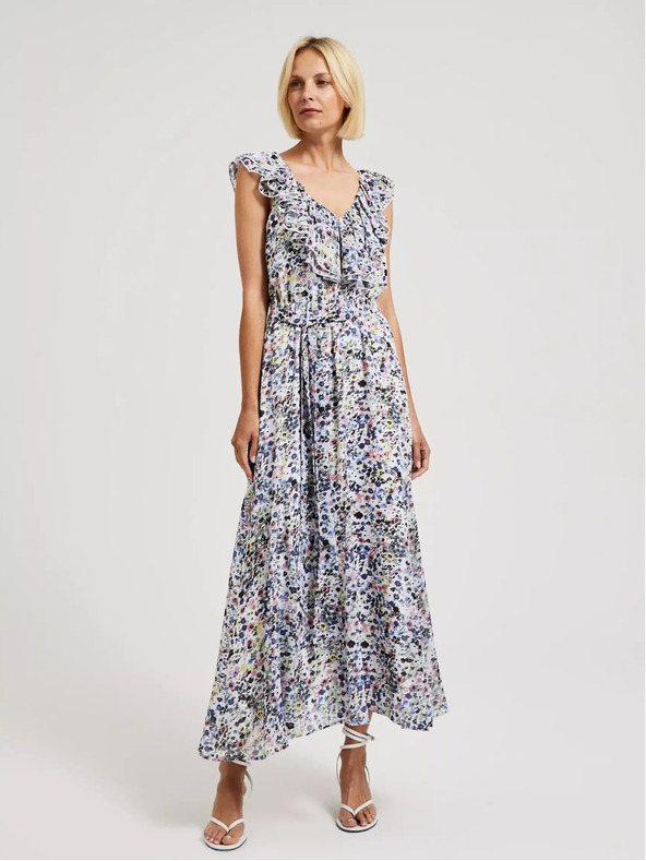 Moodo Синя рокля на цветя с волан на деколтето Moodo