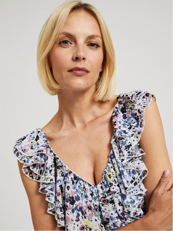 Moodo Синя рокля на цветя с волан на деколтето Moodo