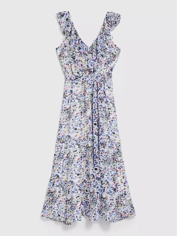 Moodo Синя рокля на цветя с волан на деколтето Moodo