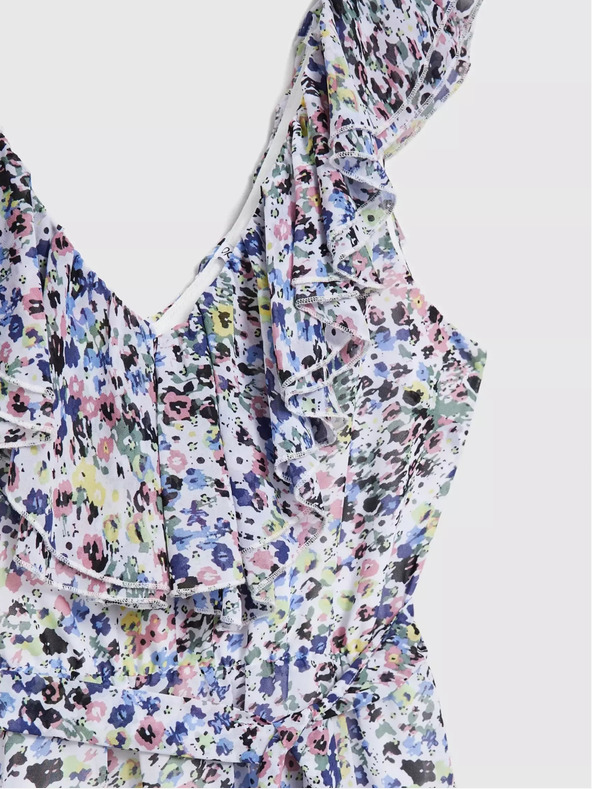 Moodo Синя рокля на цветя с волан на деколтето Moodo