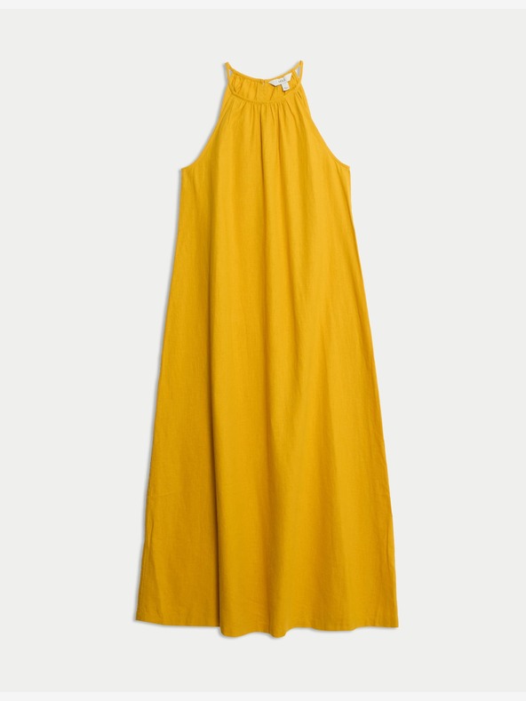 Marks & Spencer Свободна мидакси рокля Marks & Spencer с високо съдържание на лен и закопчаване на врата жълто