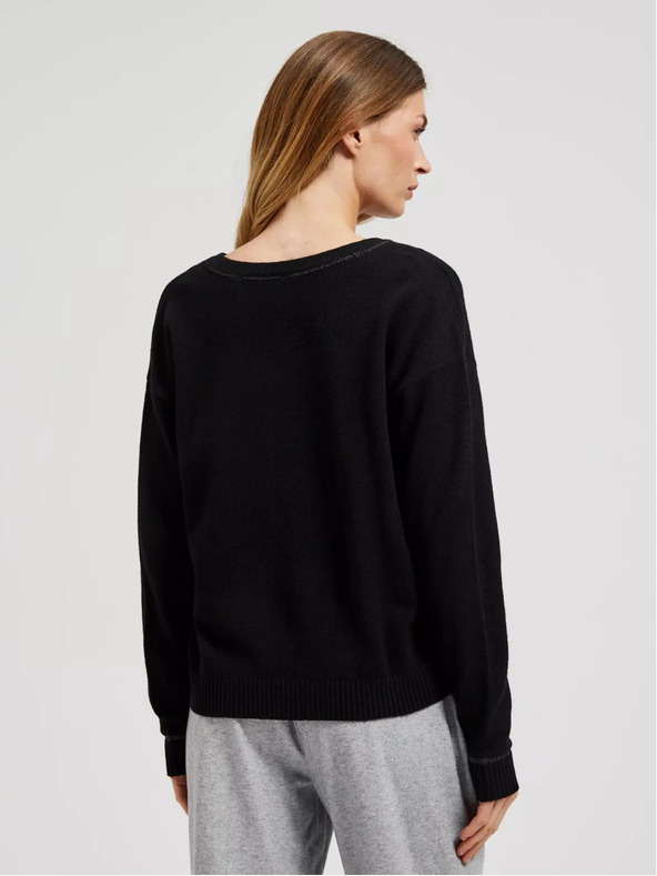 Moodo Черен пуловер с V-образно деколте и дълъг ръкав Moodo