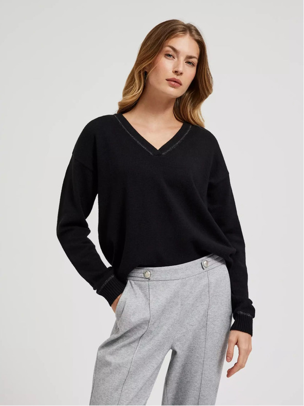Moodo Черен пуловер с V-образно деколте и дълъг ръкав Moodo