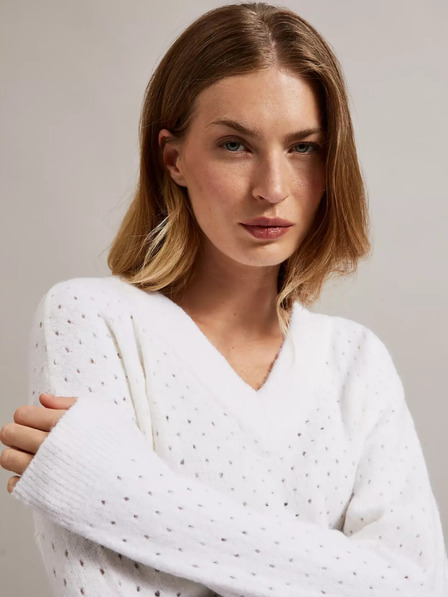 Moodo Бял ажурен пуловер с V-образно деколте Moodo