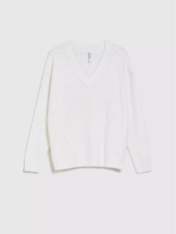 Moodo Бял ажурен пуловер с V-образно деколте Moodo
