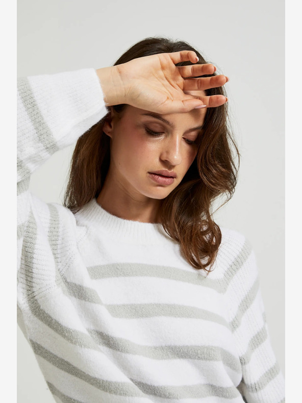 Moodo Бял пуловер на сиви райета Moodo