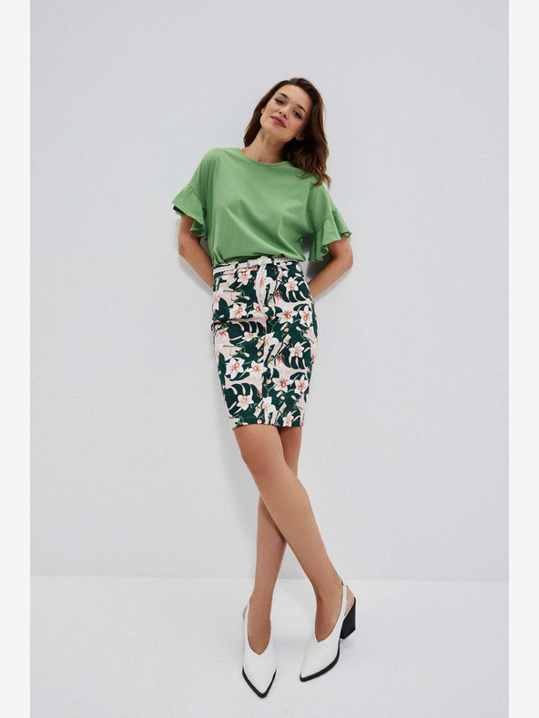 Moodo Бежово-зелена дамска пола на цветя с колан Moodo