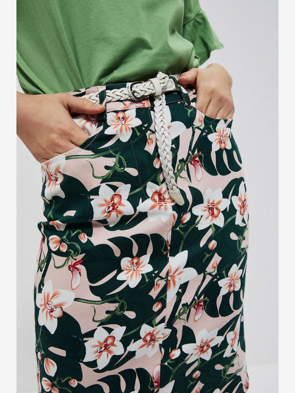 Moodo Бежово-зелена дамска пола на цветя с колан Moodo