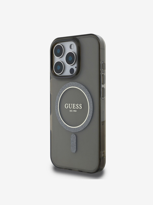 Guess Guess IML пръстен с брокат MagSafe заден капак за iPhone 16 Pro черен