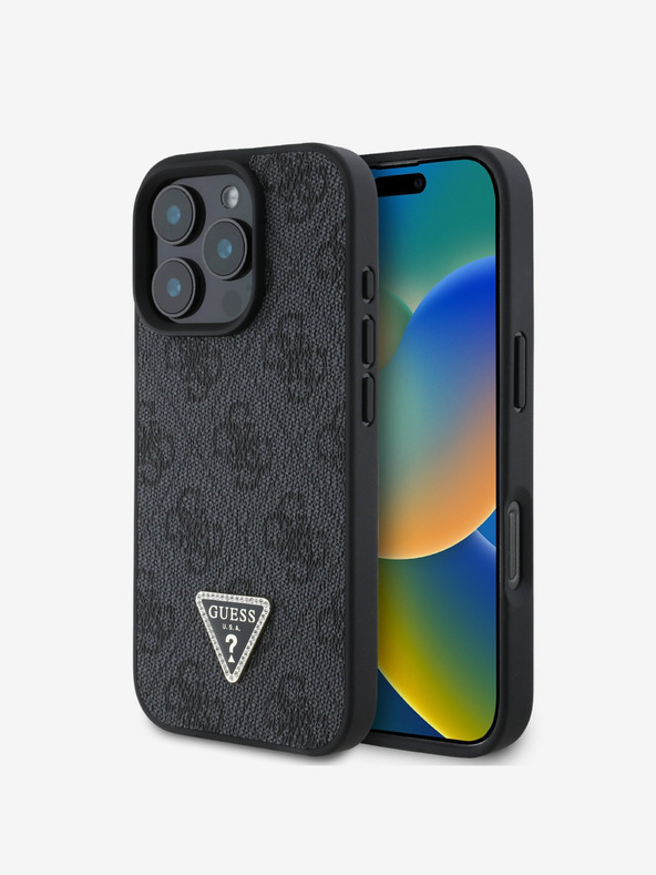 Guess PU 4G Strass Triangle Metal Logo Zadní Kryt pro iPhone 16 Pro Black Калъф за телефон
