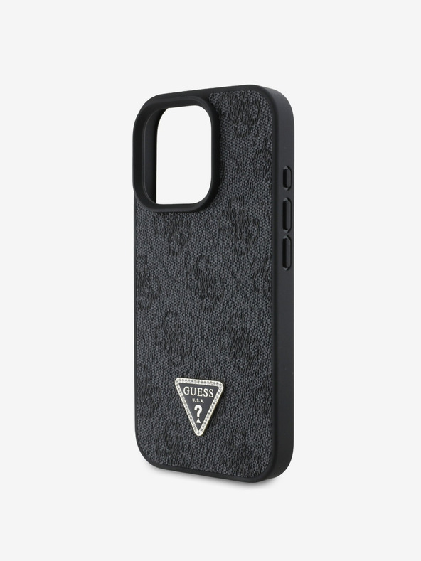 Guess PU 4G Strass Triangle Metal Logo Zadní Kryt pro iPhone 16 Pro Black Калъф за телефон