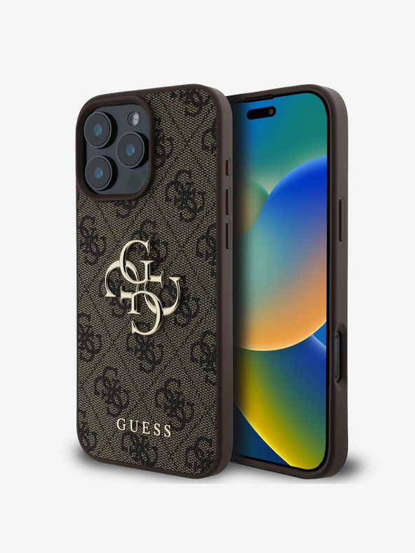 Guess Guess PU 4G метално лого заден капак за iPhone 16 Pro кафяв
