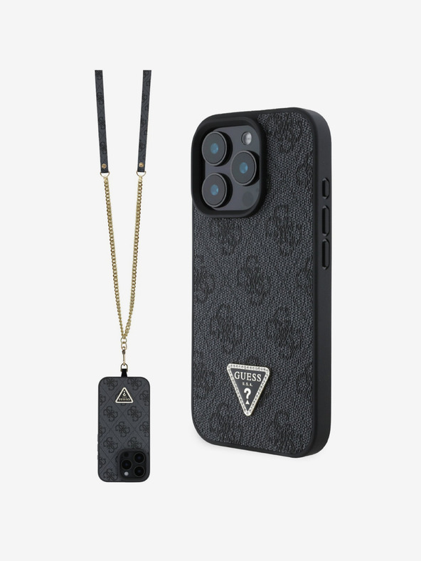 Guess Guess PU 4G Метален триъгълник с лого от страз + каишка за iPhone 16 Pro Black
