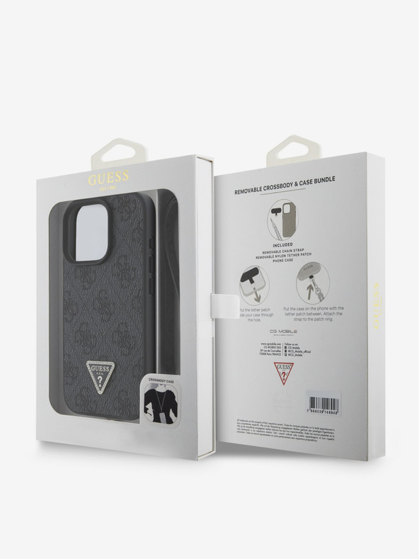 Guess Guess PU 4G Метален триъгълник с лого от страз + каишка за iPhone 16 Pro Black