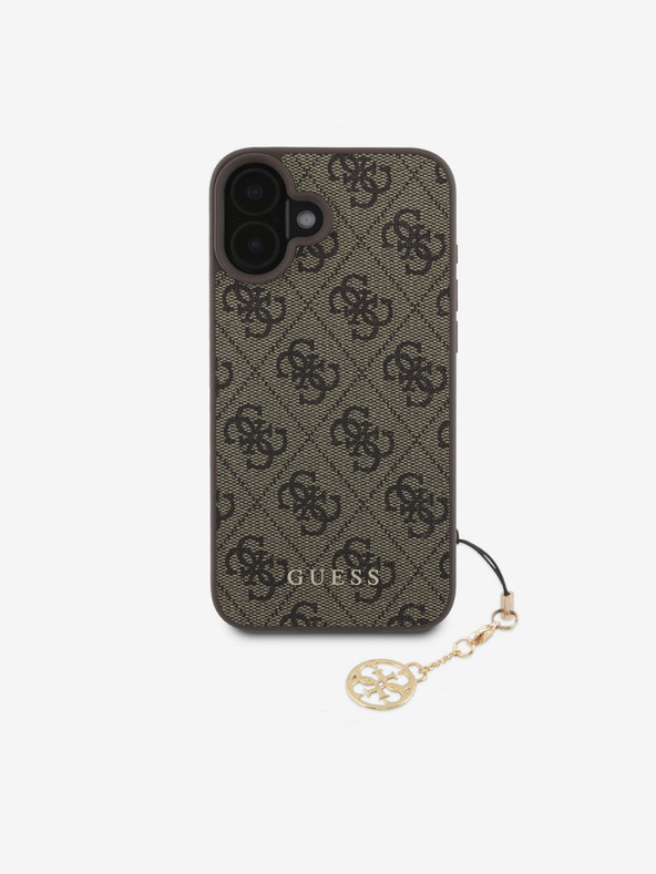 Guess Guess Заден капак 4G с чар за iPhone 16, тон върху тон, кафяв