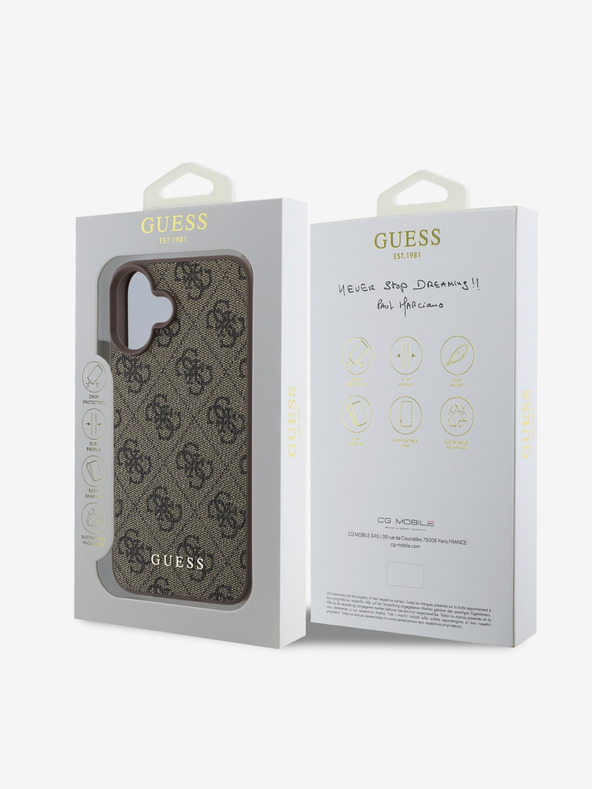 Guess Guess Заден капак 4G с чар за iPhone 16, тон върху тон, кафяв