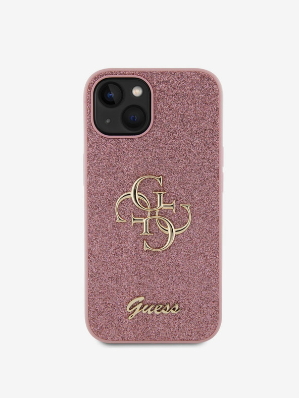 Guess PU Fixed Glitter 4G Metal Logo Zadní Kryt pro iPhone 15 Pink Калъф за телефон