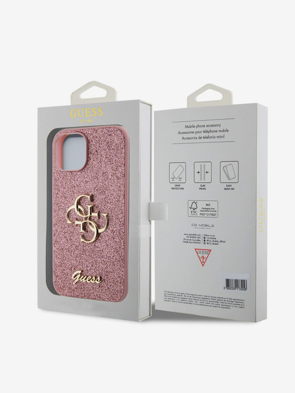 Guess PU Fixed Glitter 4G Metal Logo Zadní Kryt pro iPhone 15 Pink Калъф за телефон