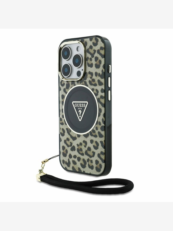 Guess Guess IML Leopard Triangle Logo Strap MagSafe заден капак за iPhone 16 Pro Max Brown
