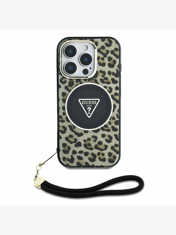 Guess Guess IML Leopard Triangle Logo Strap MagSafe заден капак за iPhone 16 Pro Max Brown